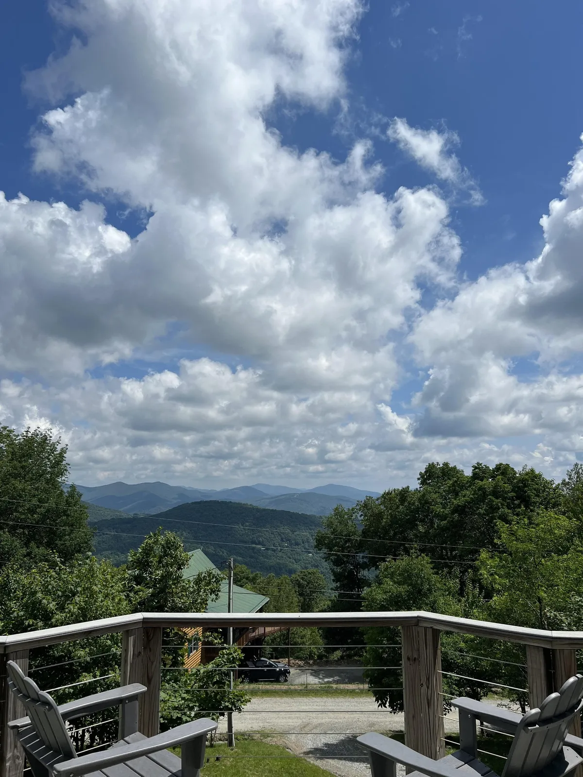 A panoramic mountain view from a deck, with railings, adjoining trees, and a cloudy sky above, capturing the serene environment surrounding the property. The vantage point connects the home to the vast, scenic outdoors, showcasing the natural beauty and tranquility of the high country.