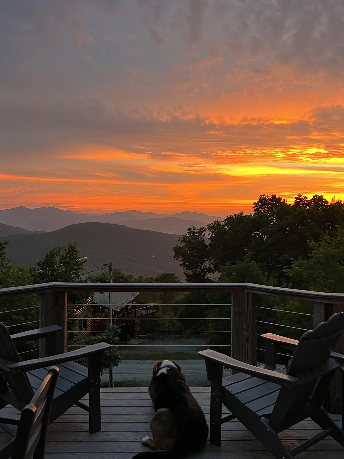 A peaceful mountain deck at sunset, with a dog lounging on the deck chairs. The sky glows with golden hues, and the mountain landscape stretches into the distance, creating a tranquil al fresco moment. The dog on the deck underscores the pet-friendly nature of the space.