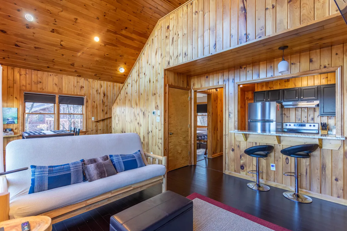 An open-concept living area where a plush sofa sits adjacent to a well-equipped kitchen with bar area, visible kitchen appliances, and wood paneling. Large windows let in lots of natural light and hint at views of the surrounding nature.